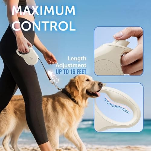 TUG Quest Retractable Dog Leash | 360° Tangle-Free Retraction | 16 ft Strong Nylon Tape (Medium, Cream) thumbnail 3