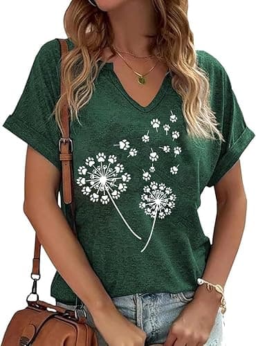 PUCKOLITY Vintage Flowers V Neck Shirt for Women Boho Floral Wildflowers Graphic Tee Casual Cottagecore Summer T Shirt - Image 1