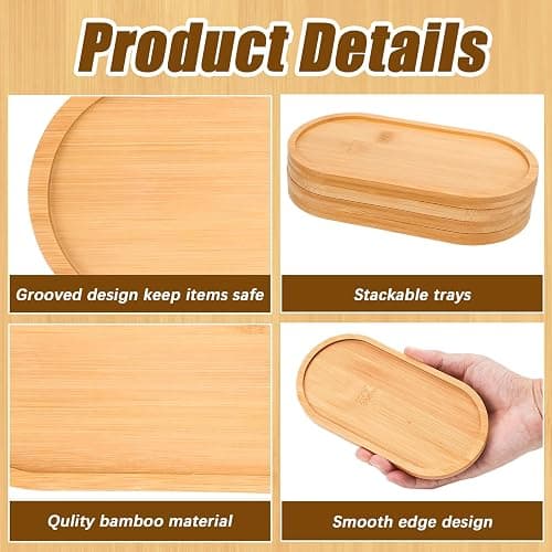 FHUIEWRY 4 Pack Oval Bamboo Bathroom Serving Trays, Wooden Vanity Tray | Oval bamboo counter tray, wooden soap holder for bathroom, countertop jewelry, cosmetics, candle, kitchen& small item storage thumbnail 4