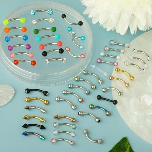Suotarn 47pcs 16G Stainless Steel Eyebrow Piercing Rings Clear CZ Curved Barbell Helix Daith Rook Earrings Piercing Body Jewelry for Women Men thumbnail 2