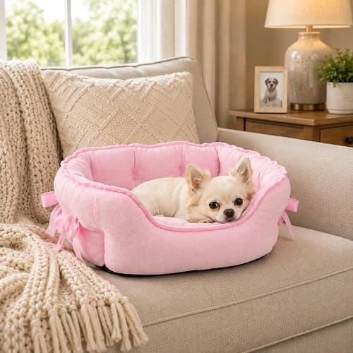 Pink Dog Bed for Small Breeds Breathable Princess Bowknot Puppy Cat Cushion | Soft Short Plush Cover PP Cotton Filling Moisture-Resistant Nonslip Oxford Base Lightweight Sofa Ideal Kittens Naps Lounging thumbnail 8