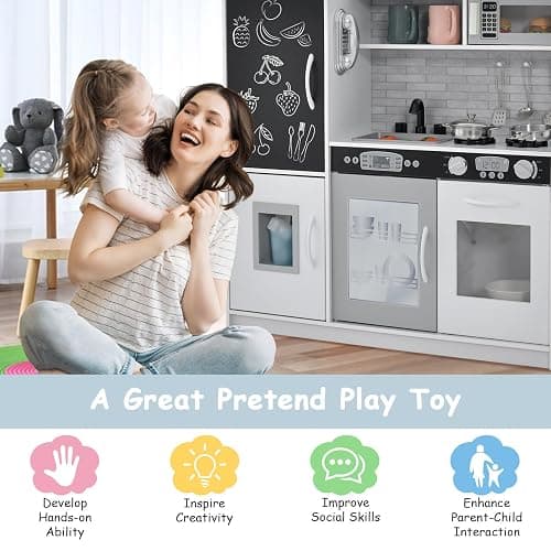 HONEY JOY Kids Kitchen Playset, Wooden Little Chef Pretend Toy Kitchen Set w/Chalkboard, Telephone, Utensils, Oven, Microwave, Sink, Storage, Play Kitchen for Toddlers, Gift for Boys Girls, White thumbnail 9