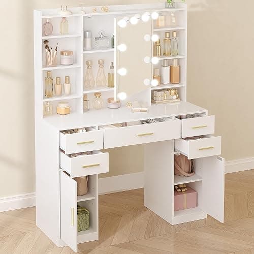 HEXCELEN 108 cm Coiffeuse avec Miroir et Lumières LED, Blanc | Luminosité Réglable, Tiroirs, Armoire et Étagères Ouverts, Table de Maquillage, Miroir avec Étagères Cachées - Image 1