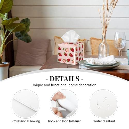 Tissue Box Cover, Pink Strawberry Pu Leather Square Tissue Holder, Waterproof Durable Facial Tissue Protector, Home Decor thumbnail 5