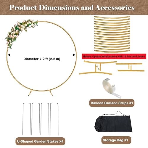 Antizz 7.2FT Gold Round Balloon Arch Stand,Backdrop Stand for Parties，Metal Circle Heavy Duty Wedding Arch Frame for Ceremony Birthday Party Anniversary Bridal Graduation Decoration - 7.2FT - Gold thumbnail 3