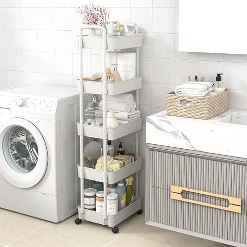 Sywhitta 5-Tier Plastic Rolling Utility Cart with Handle, Multi-Functional Storage Trolley for Office, Living Room, Kitchen, Movable Storage Organizer with Wheels, White thumbnail 7