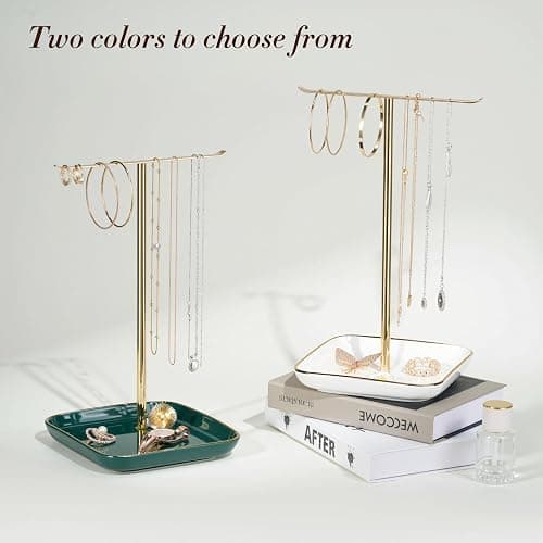 Jewelry Holder Stand with Ceramic Base: 12" Tall Necklace Organizer Rack, Tree Design Display Storage for Necklaces, Bracelets, Rings, Earrings, Aesthetic Room Décor for Girls and Women, Gold thumbnail 6