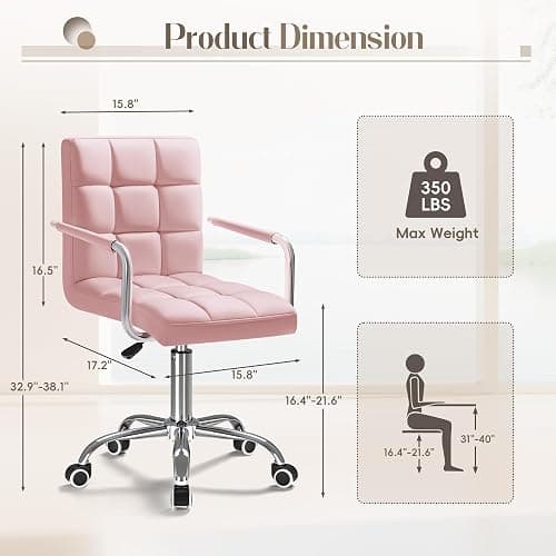 Furmax Mid-Back Office Task Chair Ribbed PU Leather Executive Chair Modern Adjustable Home Desk Retro Comfortable Work Chair 360 Degree Swivel with Arms (Light Pink) thumbnail 3