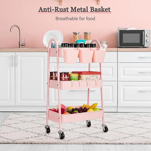 danpinera 3-Tier Rolling Cart, Utility Cart Mobile Metal Rolling Storage Cart with Lockable Wheels & Hanging Cups & Hooks for Kitchen, Bathroom, Office, Workshop, Pink thumbnail 7
