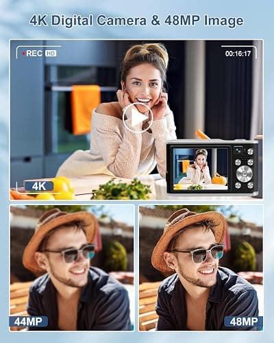 4K Digital Camera for Photography, 48MP Dual Cameras for Photography, 16X Digital Zoom Point and Shoot Cameras with 32GB Card & 2 Batteries Camera for Boys Girls Kids - Black thumbnail 5
