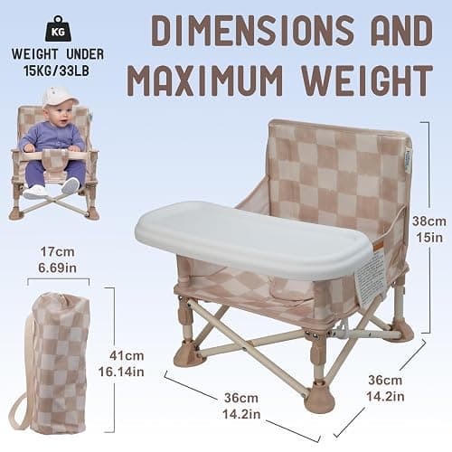 Tiny Marvels Portable 3-in-1 Baby Chair, Cozy Booster Seat, Baby Seat with Tray, Compact Foldable, Toddler Chair with Child Safety Belt Carry Bag, Perfect for Travel (Sand Checker) thumbnail 3