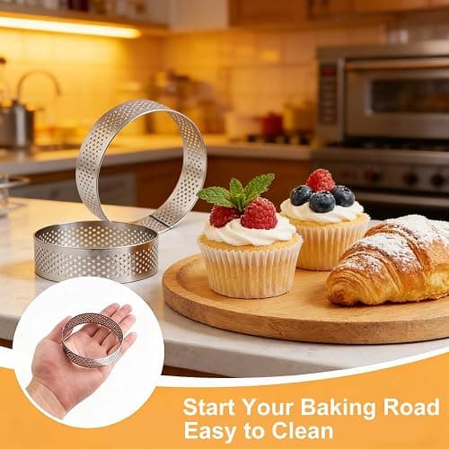 HX-pyahgtv 6 Stück Mousse Tartelette Förmchen, 10 cm Perforierte Dessertringe, Crumpet Rings für Mousse Torten Minikuchen Mini-Pizzen Pie Quiche, Hochwertige Backringe für Kochen & Backe thumbnail 5