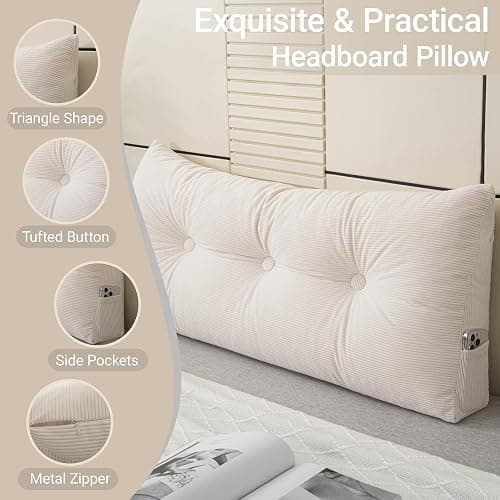 MQK Headboard Pillow Bed Wedge Pillow for Headboard with Side Pocket Dorm Headboard Twin xl Long Back Pillow for Bed Bolster Pillow for Mattress Gap Filler White Reading Pillow for Bedroom Sofa Daybed thumbnail 8