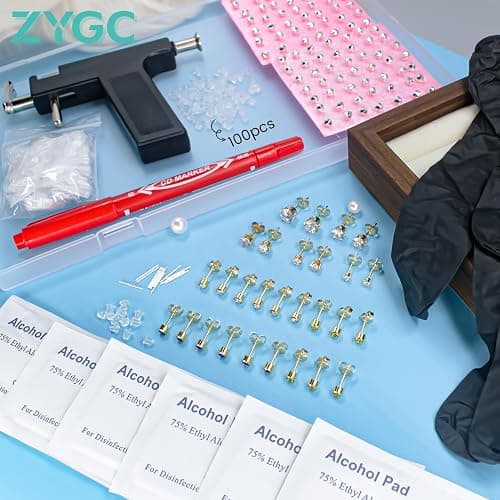 Zygc Professional Ear Piercing Kit with 63 Pairs of Cubic Zirconia Diamond Ear Stud Earrings with Multi Purpose Black Reusable Ear Piercing Gun Silver Sticks for Salon & Home Piercings Gold thumbnail 5