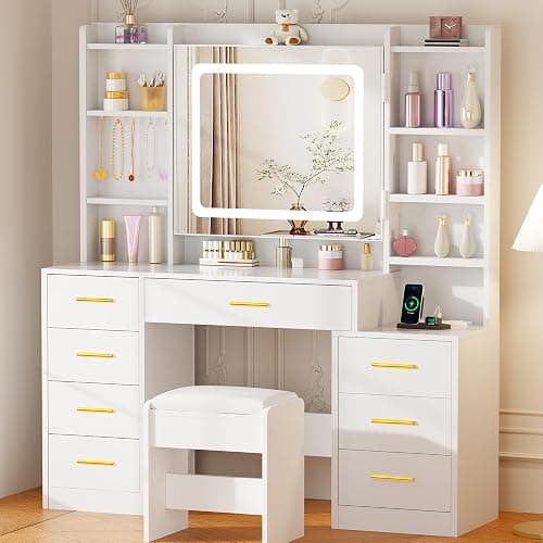 BEWISHOME Large Vanity Desk with Mirror and Lights,White Makeup Vanity Table with Power Outlet,Makeup Desk with 8 Drawers,7 Open Shelves,12 Hooks,Nightstand and Stool,Dressing Table for Bedroom FST53W thumbnail 8