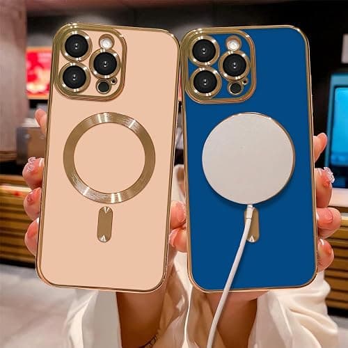 OOK Magnatic Case for iPhone 16 Pro Case [Compatible with MagSafe] Full Camera Lens Protector Gold Electroplate Edge Soft TPU Shockproof Protective Phone Case for Women Girls 6.3 Inch - Pink thumbnail 3