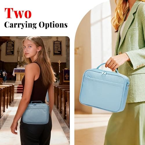 SUNEE Bible Cover for Women, Large Bible Bag w/Shoulder Strap Carrying Book Case w/Pen Slots and Zippered Pocket, Gift for Women & Men, Blue thumbnail 6