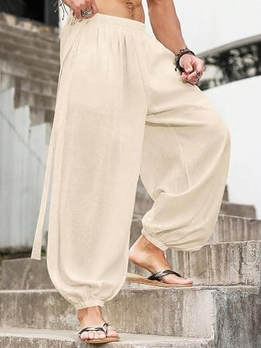 OYOANGLE Men's Harem Pants with Pocket Baggy Hippie Loose Fit Elastic Waist Wide Leg Japanese Pants thumbnail 4