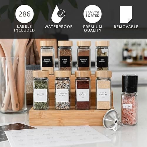 SAVVY & SORTED Glass Spice Jars with Label, 24PK Bamboo Jar Spices Set 4oz, 374 Spice Labels, Pepper Grinder, Empty Herb Seasoning Containers, Funnel and Shaker Lids thumbnail 3