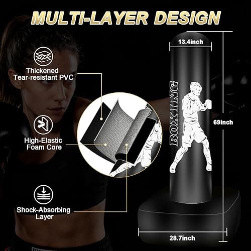 Vobab Punching Bag for Adults, 70" Boxing Bag with Stand, Freestanding Heavy Bag with Boxing Gloves, Reflex Ball Set, Kickboxing Bag Training Equipment for Muay Thai, MMA, Gym, Training, Fitness thumbnail 4
