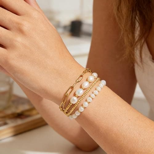 Pymach Dainty Gold Plated Pearl Crystal Beaded Bracelets Set for Women 14K Gold Plated Bead Pearl Beads Bracelet Stackable Paperclip Link Chain Bracelets Gold Plated Bracelets for Women Trendy Jewelry thumbnail 4