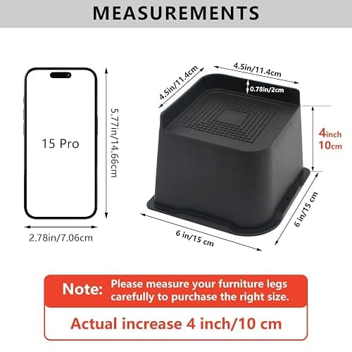 HANIHUA Bed Risers 4 inch Heavy Duty, 4 Pack Oversized Furniture Risers 6 inch, Black Bed Lifts Risers for Table, Sofa, Chair, Couch, Desk, Bed Frame Risers Supports Up to 6,500 Lbs thumbnail 2