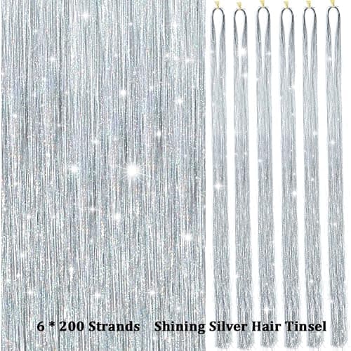 MISSUHUI Hair Tinsel Kit With Tools 48 Inch 1200 Strands Glitter Tinsel Hair Extensions Sparkling Shiny Hair Tinsel Strands Kit Heat Resistant for Women Girls 6Pcs (Silver) thumbnail 5