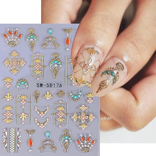 Sun Moon Nail Art Stickers 5D Embossed Totem Bohemian Style Nail Decals 2PCS Metallic Gold Lace Lines Green Gem Luxury Design Nails Adhesive Stickers Supply for Women DIY Manicure Decorations thumbnail 5