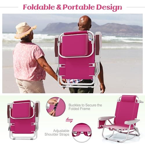 Giantex Beach Chair, Foldable Backpack Chair with 5 Adjustable Position, Cup Holder, Storage Pockets, Straps, Towel Rack, Pillow, 330lbs Aluminum Lay Flat Chairs for Outdoor Camping, Pink thumbnail 4