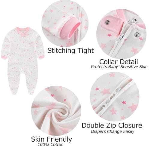 MAMIMAKA Newborn Baby Boy Girls Clothes 2-Way Zip Footed Cotton Bodysuit 3-Pack Long Sleeve Outfits 0-12Months Baby Pajamas - 9-12 Months - Stars + Solid Color + Stripes Pink thumbnail 2