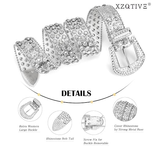 XZQTIVE Cowgirl Bling Studded Leather Belts for Jeans Pants with Rhinestone and Western Silver Buckle, Unisex thumbnail 5