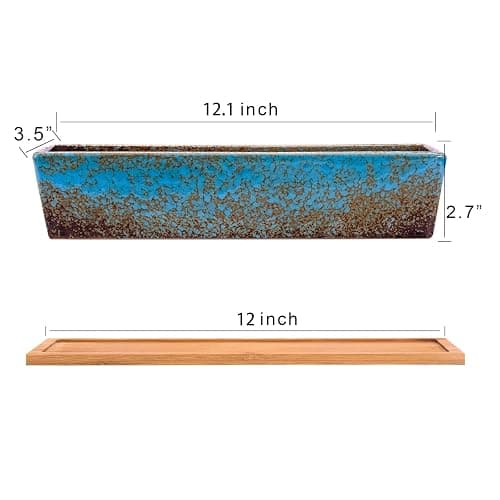 Succulent Pots - 12.1 Inch Large Succulent Planters Pots with Drainage Tray, Long Rectangle Ceramic Pot for Indoor Cactus/Succulent Plants Shallow Bonsai Window Box for Home Garden Decor (Blue) thumbnail 3