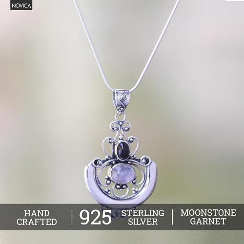NOVICA Artisan Handcrafted Rainbow Moonstone & Garnet Teardrop Pendants | .925 Sterling Silver Birthstone Necklace | Handmade thumbnail 4