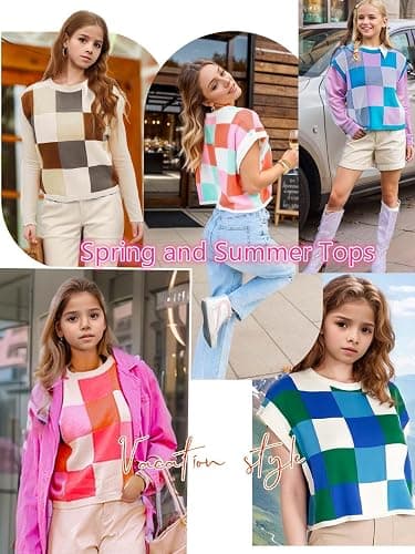 Girls Fall Crop Tops 2025 Cute Cap Sleeve Spring Summer Colorblock Loose Kids Knit Winter Sweaters Top thumbnail 5