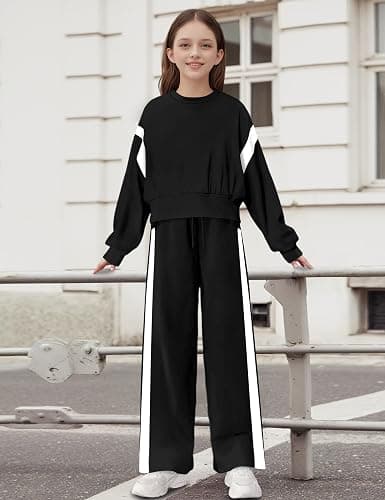 Shallmu Girls Clothes Long Sleeve Stripe Pullover Sweatshirts Top Wide Leg Sweatpants Fall Winter 2 Piece Outfits Sets thumbnail 4