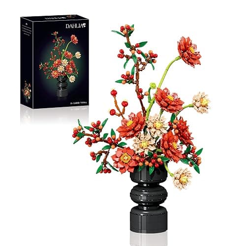 Dahlia Flower Building Set with Vase,Botanical Bouquet Collection Block | Artificial Festive Holiday Flowers for Decoration,Women,Girl,Girlfriend(1416PCS) - Image 1