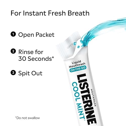 Listerine Alcohol Free Mouthwash Packets, Cool Mint, 0.33 fl. oz, 30 Pack | Oral Rinse in Portable Individual Packets, Kills Bad Breath Germs On-the-Go, Less Intense Taste, Mild Mint, Travel Essentials thumbnail 6