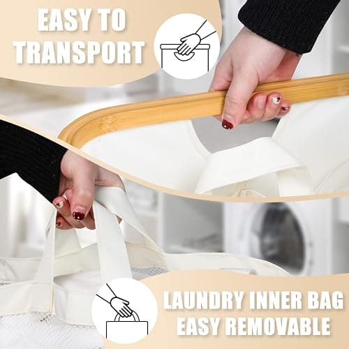 Extra Large 3 Section Dirty Clothes Laundry Basket with Lid, Dirty Clothes Hampers with Removable Bags for Bedroom and Laundry Room, Beige thumbnail 5