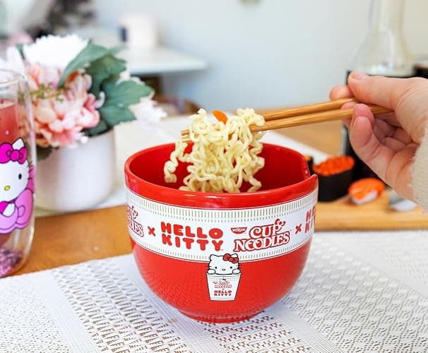 Silver Buffalo Sanrio Hello Kitty x Nissin Cup Noodles Red Ceramic Dinnerware Set | Includes Ramen Noodle Bowl and Wooden Chopsticks thumbnail 5