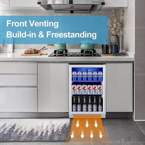 Weili 20 Inch Built in Beverage Fridge with Glass Door, 120 Can Under Counter Soda Beer Drink Refrigerator with Blue LED Light for Home Office or Bar, 36-50°F Auto Defrost thumbnail 4