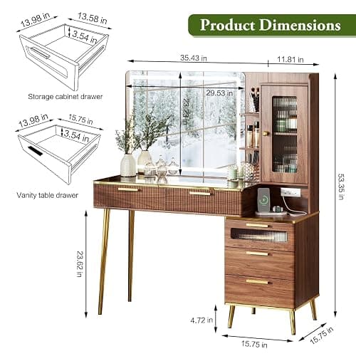 Chrangmay 47.24" Big Modern Vanity Desk with Mirror and Lights,Makeup Vanity Desk with 5 Drawers and Storage Shelves & Power Outlet,Dressing Table with Glass Top, Brown thumbnail 3