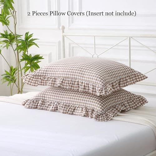 Silnuo Taupe/White Plaid Ruffled Pillow Covers Queen Size Set of 2, Washed Cotton Shabby Checkered Gingham Pillow Shams 20"x30" thumbnail 6