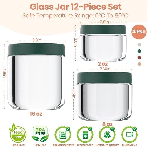 12Pack Overnight Oats Containers with Lids, 16oz, 8oz & 4oz Glass Jars with Airtight Lids, Wide mouth Mason Salad jars, Glass Food Storage Containers for Yogurt Chia Pudding Snacks Cereal & Spices thumbnail 2