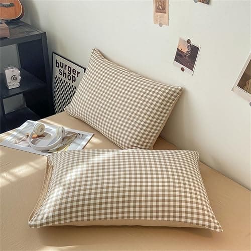 Michorinee Housse de Couette Carreaux Vichy 140x200 Beige Marron - Parure de Lit Adulte 1 Personne en Microfibre - Linge de Lit à Carreaux Réversible avec Taie d'oreiller 65x65 cm thumbnail 7