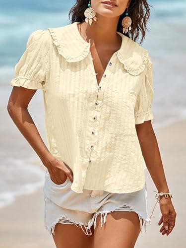 Tankaneo Womens Peter Pan Collar Shirts Puff Sleeve Button Down Cotton Blouse Casual Summer Textured Tops thumbnail 4