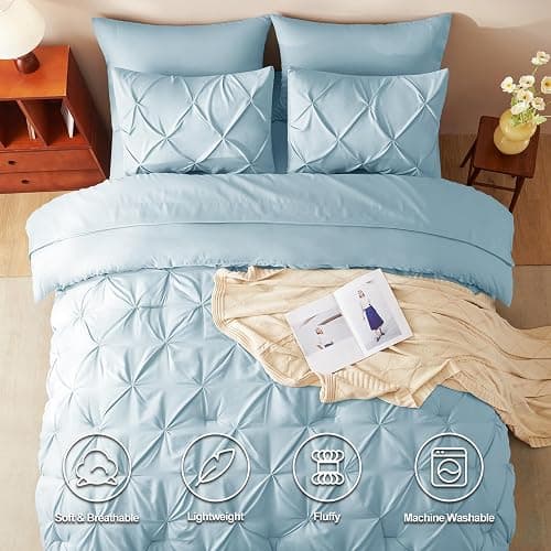 HIMEET Queen Comforter Set 7 Pieces Bed in A Bag Light Blue Luxury Soft Queen Size Bed Set Pintuck Pinch Pleat Bedding Sets with Comforter, Flat Sheet, Fitted Sheet and Pillowcases & Shams thumbnail 2