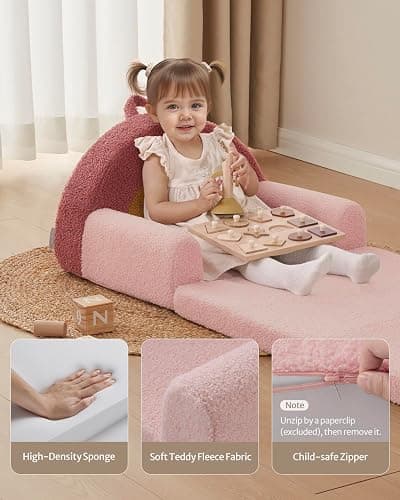 Blissful Diary Foldable Toddler Couch, 2-in-1 Comfy Toddler Chair & Lounger for Reading, Playroom, Kids Couch Sofa for Girls Boys Birthday Gift, Blush Rainbow thumbnail 6