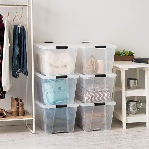 IRIS USA 54 Qt Stackable Plastic Storage Bins with Lids, 6 Pack - BPA-Free, Made in USA - See-Through Organizing Solution, Latches, Durable Nestable Containers, Secure Pull Handle - Clear thumbnail 5