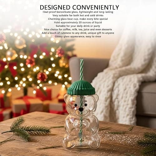 Nurnesy 20oz Cute Bear Straw Cup - Borosilicate Glass Baby Mug with Lid for Coffee, Milk & Tea Drinks thumbnail 4