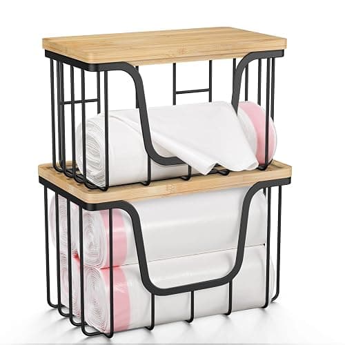 KONE Large Trash Bag Holder, 2 Pack Garbage Bag Dispenser, Storage Stackable Kitchen Organizer with Bamboo Top, Wall Mount Laundry Pantry Organization Black - Image 1
